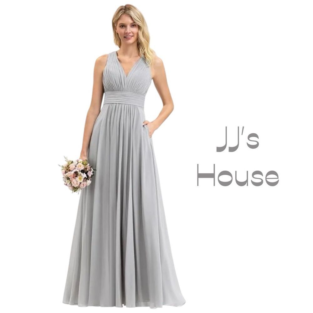 JJs House Sheer Silver Maxi Gown Goddess Bridesmaid Sleeveless NWT Size 8